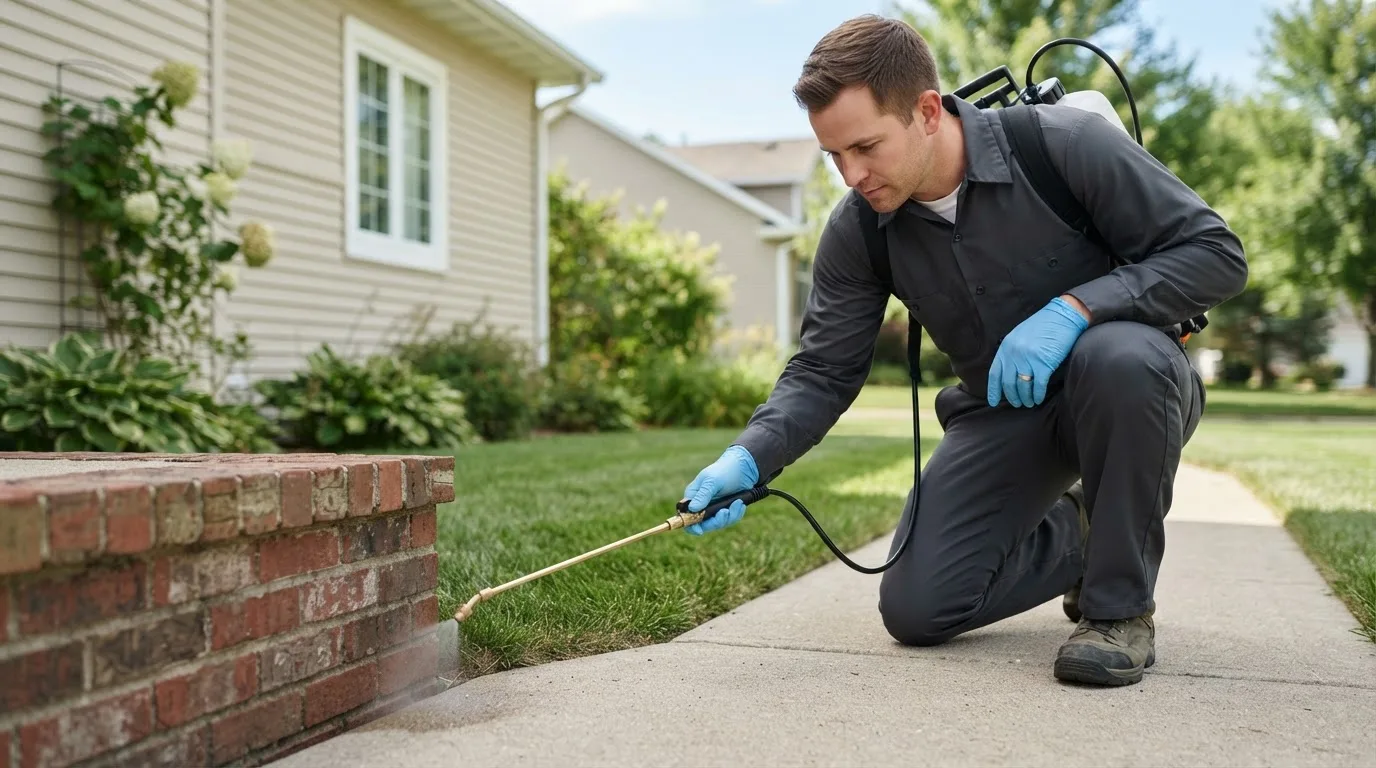 Pest control technician treating a home near Sackets Harbor, NY